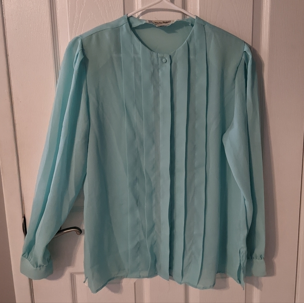 Vintage Diane Von Furstenberg Sheer Blue Pleated Button-Up Blouse Size 12